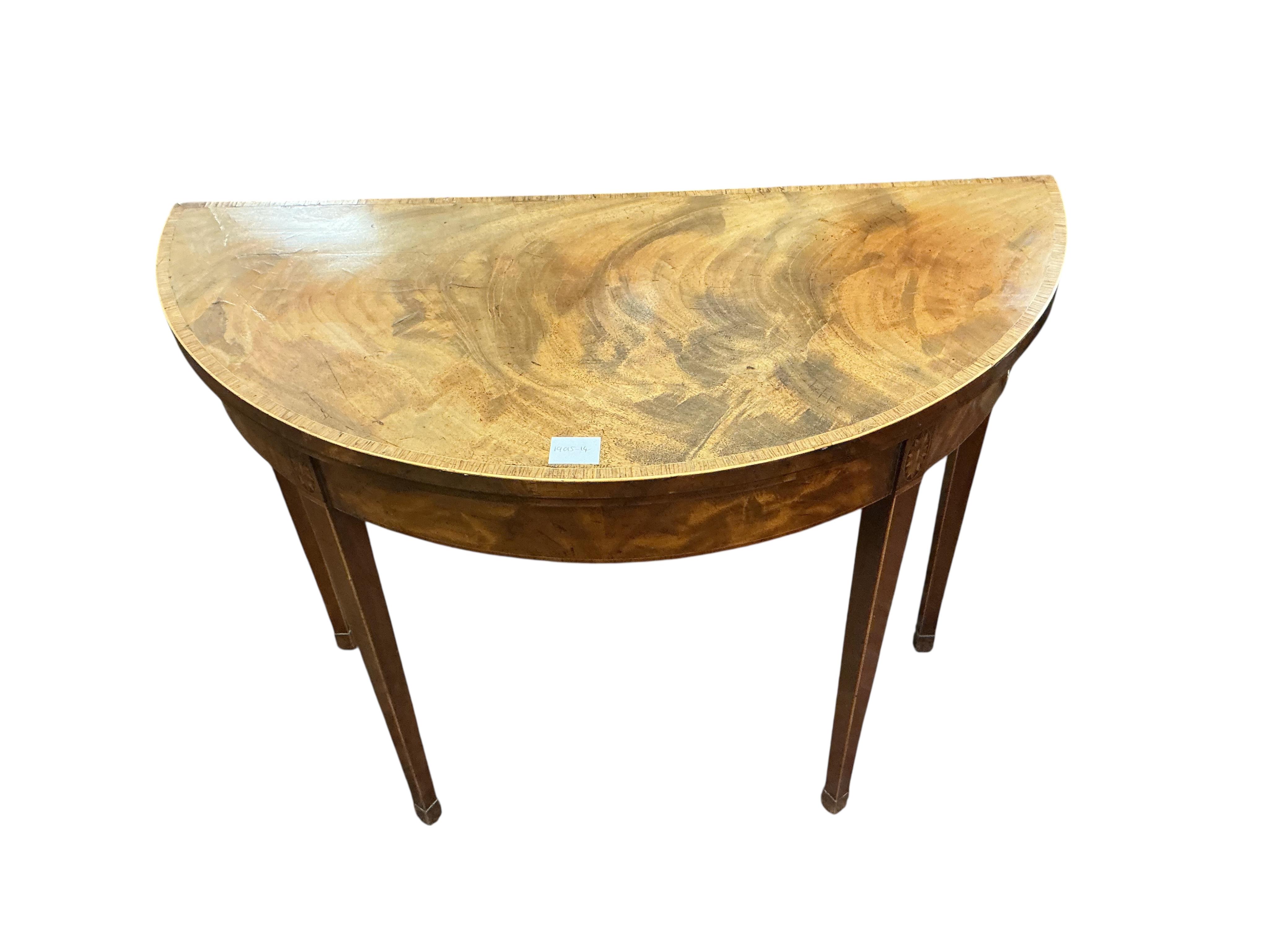 A George III inlaid banded mahogany 'D' shaped folding card table, width 94cm, depth 44cm, height 73cm